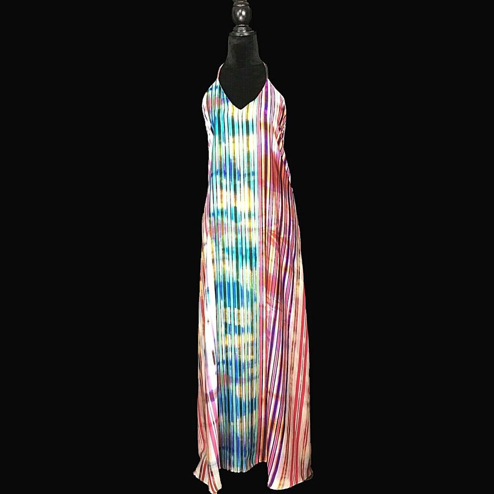 ASKARI Maxi Dress MED Rainbow Long A Line Swing Backless T Back Halter Sexy NICE
